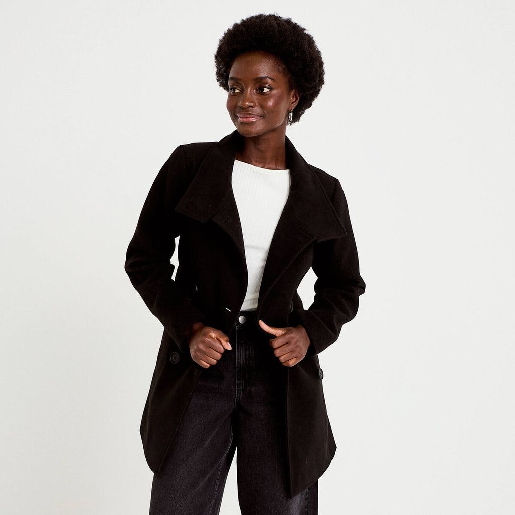 Manteau cintré mi-long col montant noir femme