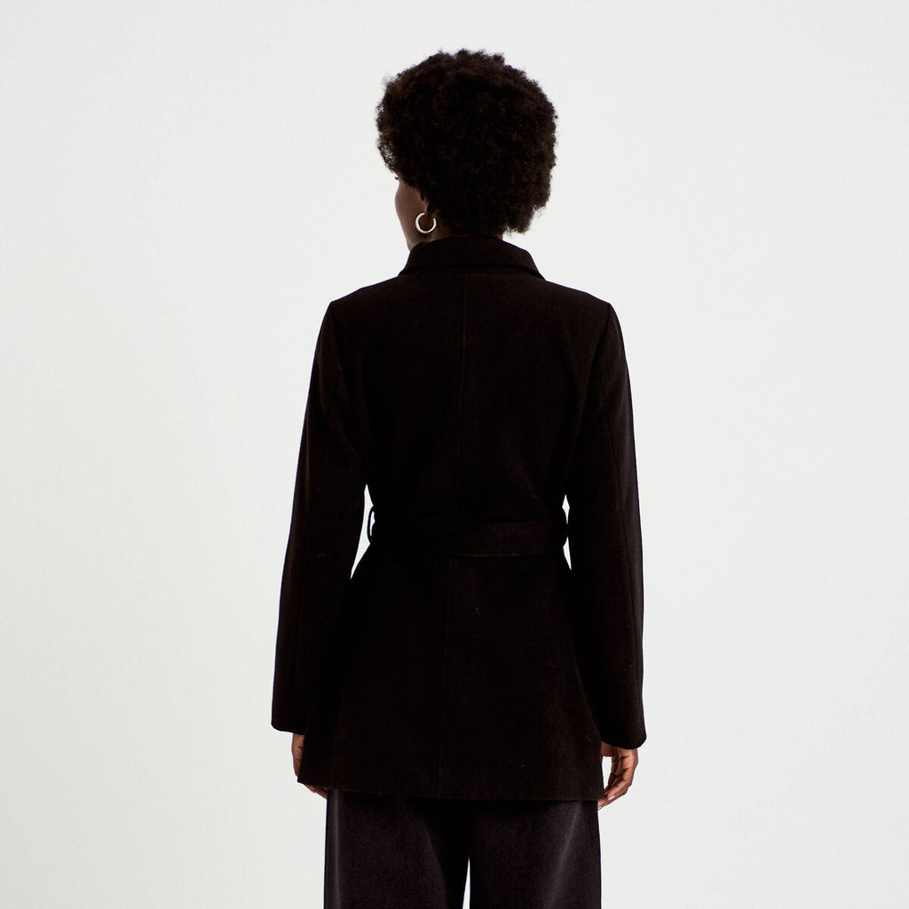 Manteau cintré mi-long col montant noir femme