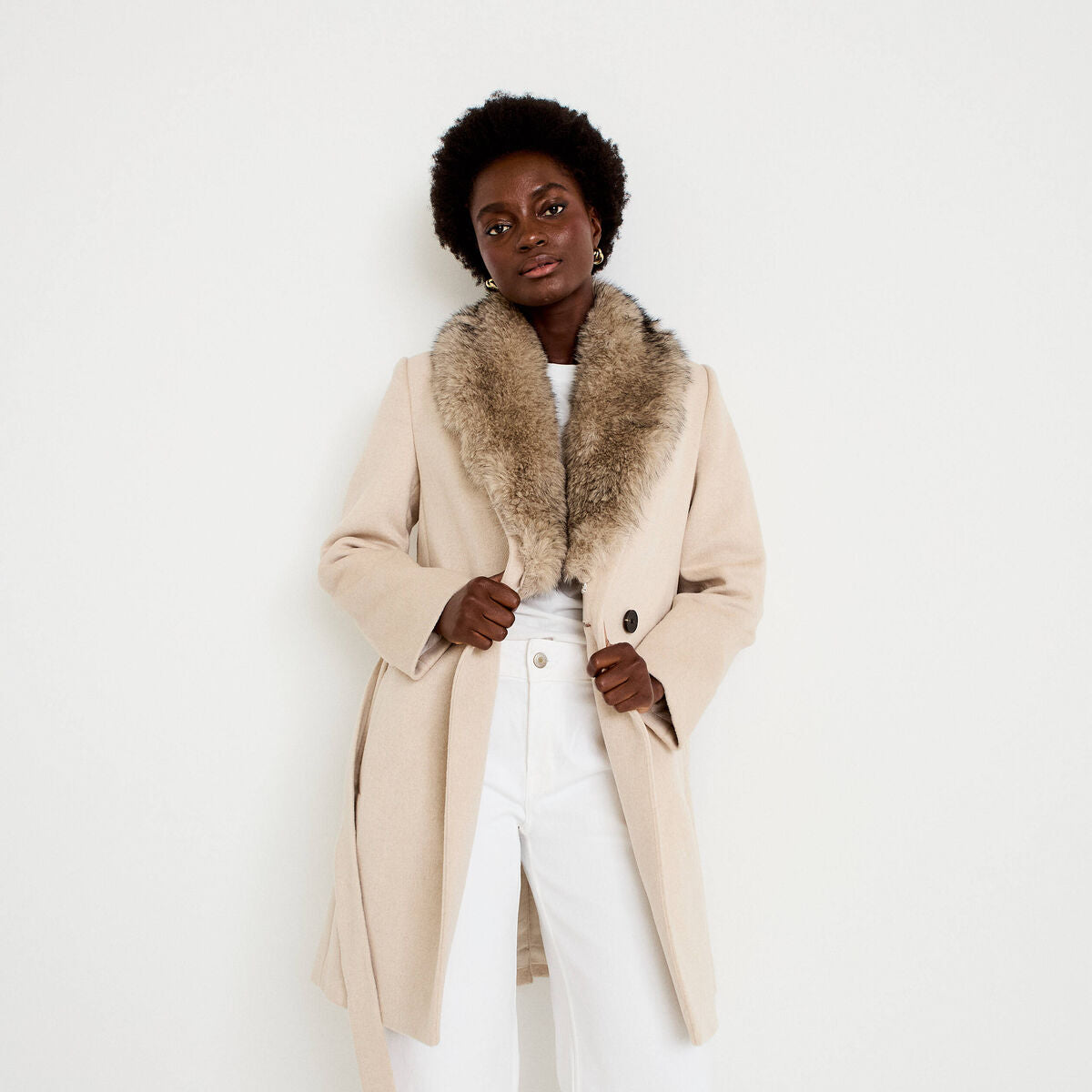 Manteau cintré col châle manches longues beige femme
