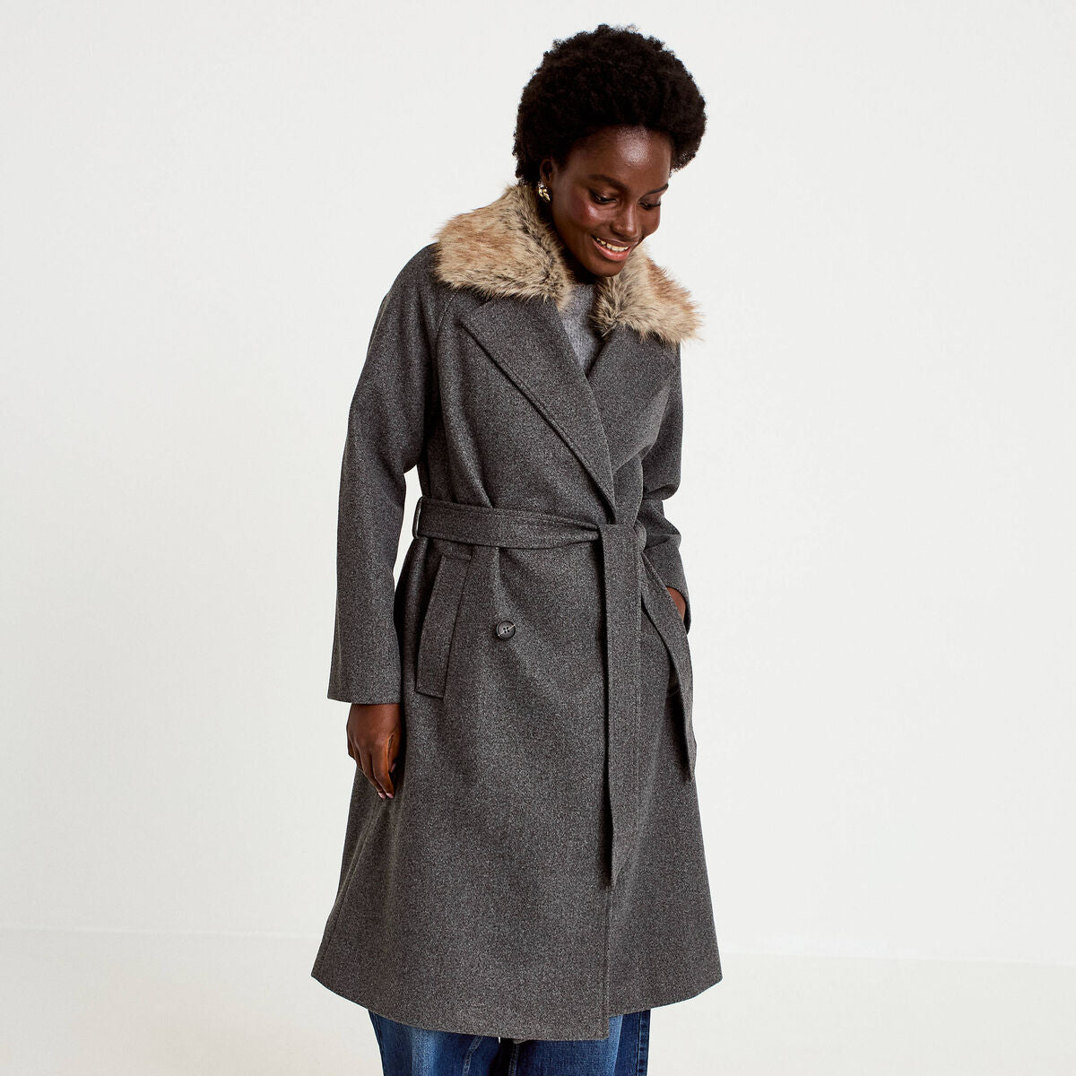 Manteau droit mi-long à manches longues gris femme