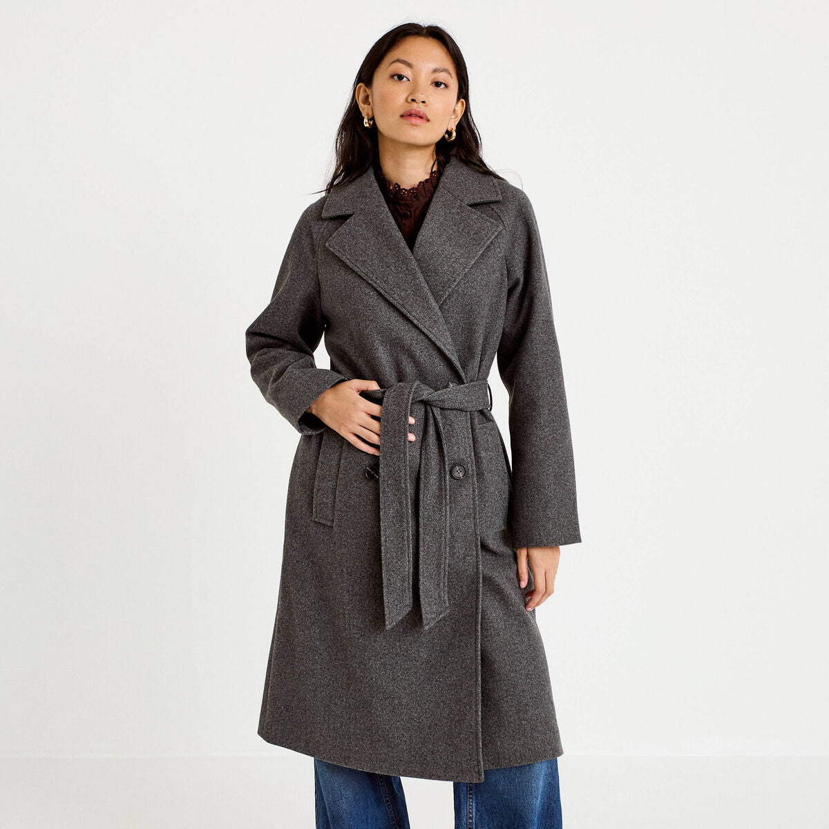 Manteau droit mi-long à manches longues gris femme