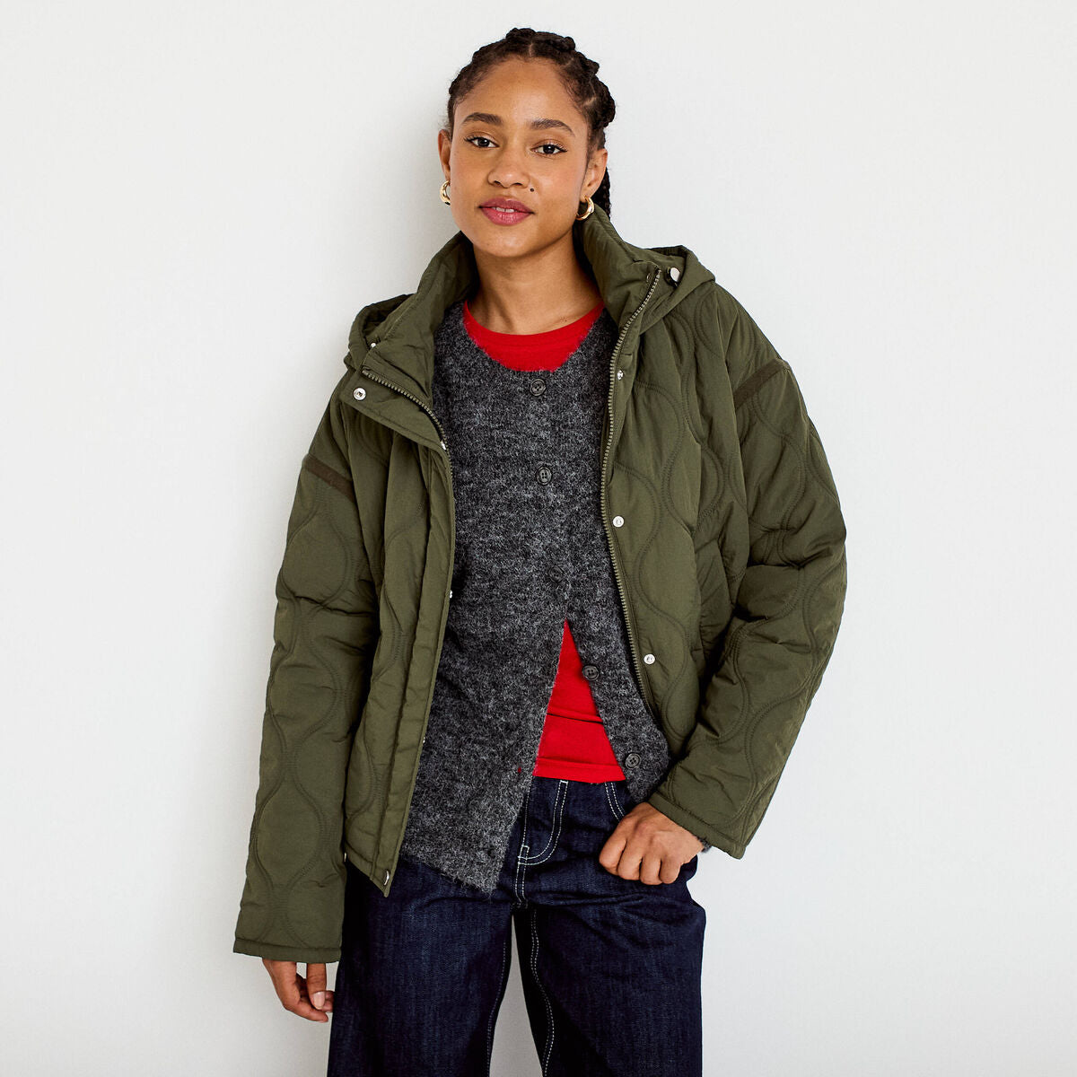 Veste droite à capuche manches longues vert kaki femme