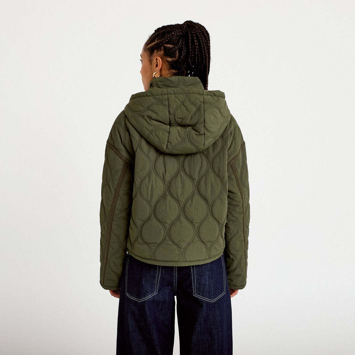 Veste droite à capuche manches longues vert kaki femme