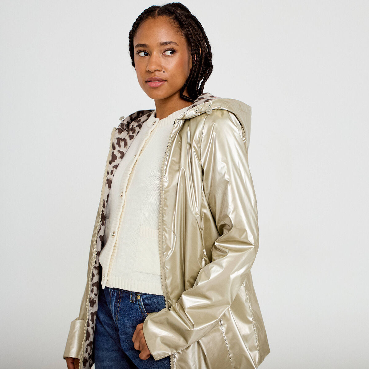 Parka réversible à capuche couleur or femme