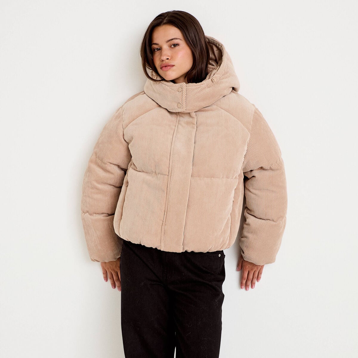 Doudoune réversible courte velours beige femme