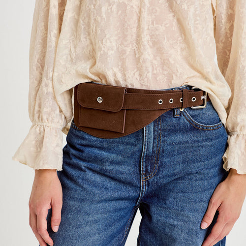 Ceinture large aspect daim marron foncé femme