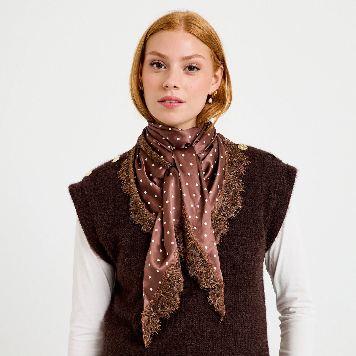 Foulard satiné avec dentelle marron foncé femme