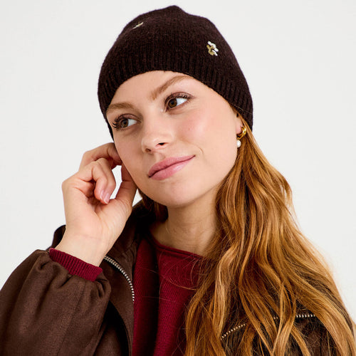 Bonnet avec broderie marron foncé femme