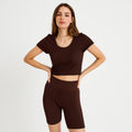 Crop top sans couture col rond marron foncé femme