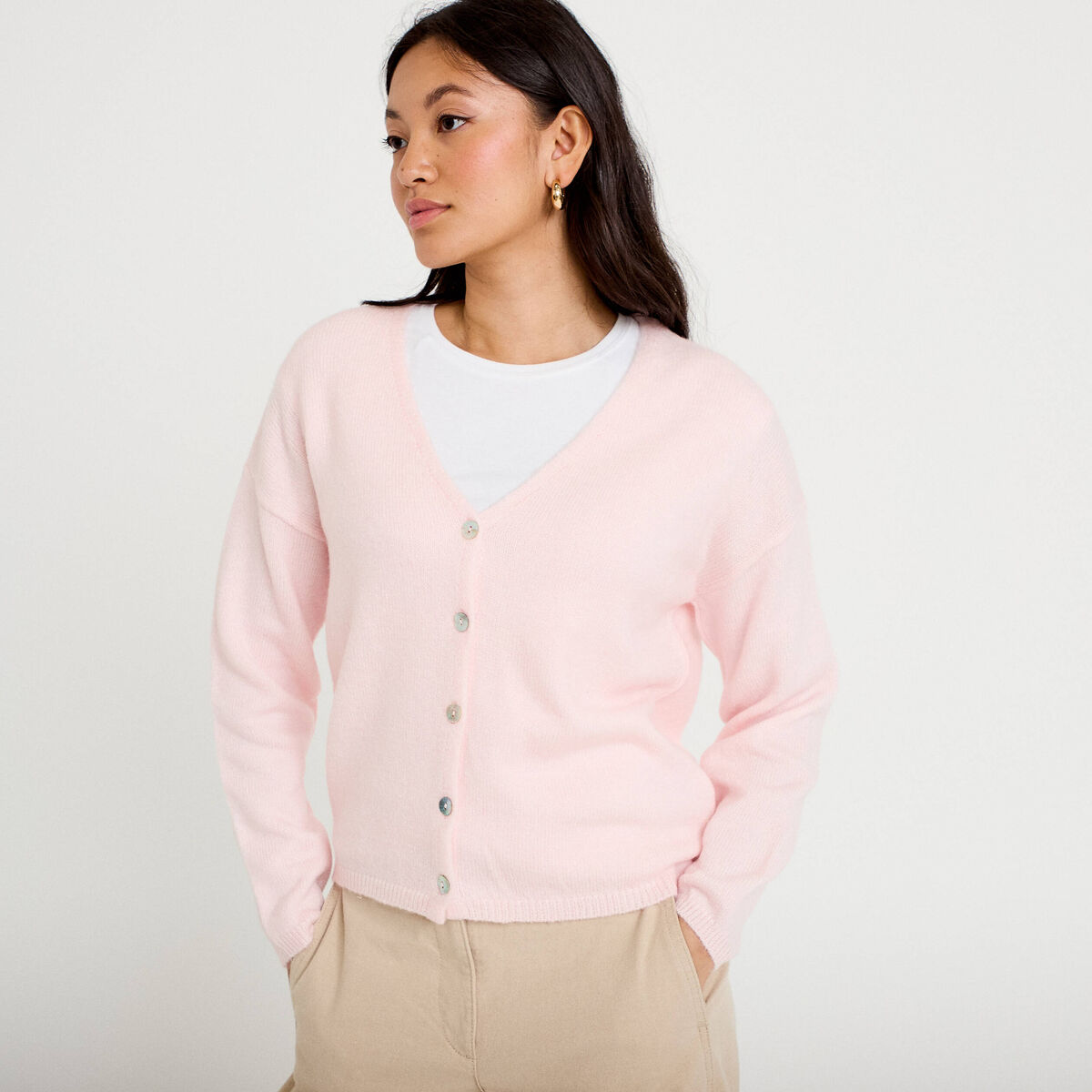 Gilet boutonné avec col en V rose clair femme