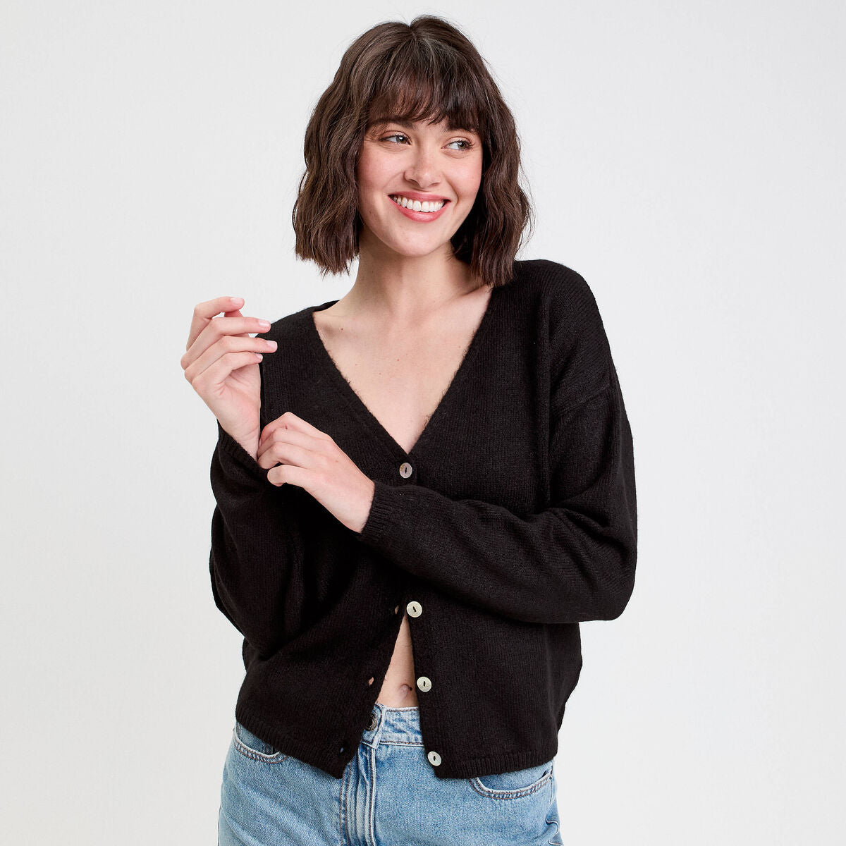 Gilet boutonné avec col en V noir femme