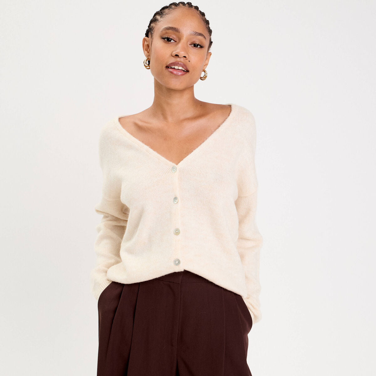 Gilet boutonné avec col en V sable femme