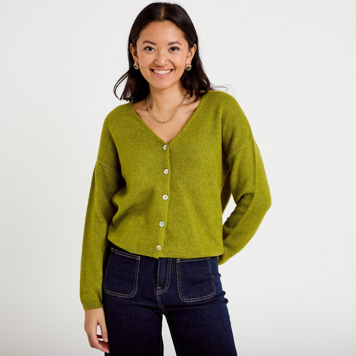 Gilet boutonné avec col en V vert foncé femme