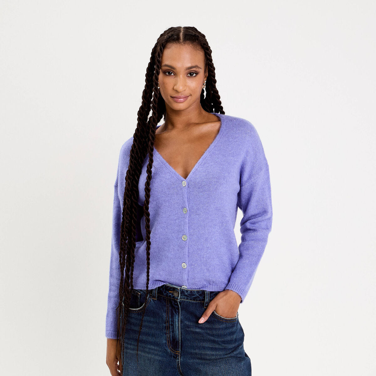 Gilet boutonné avec col en V bleu violet femme