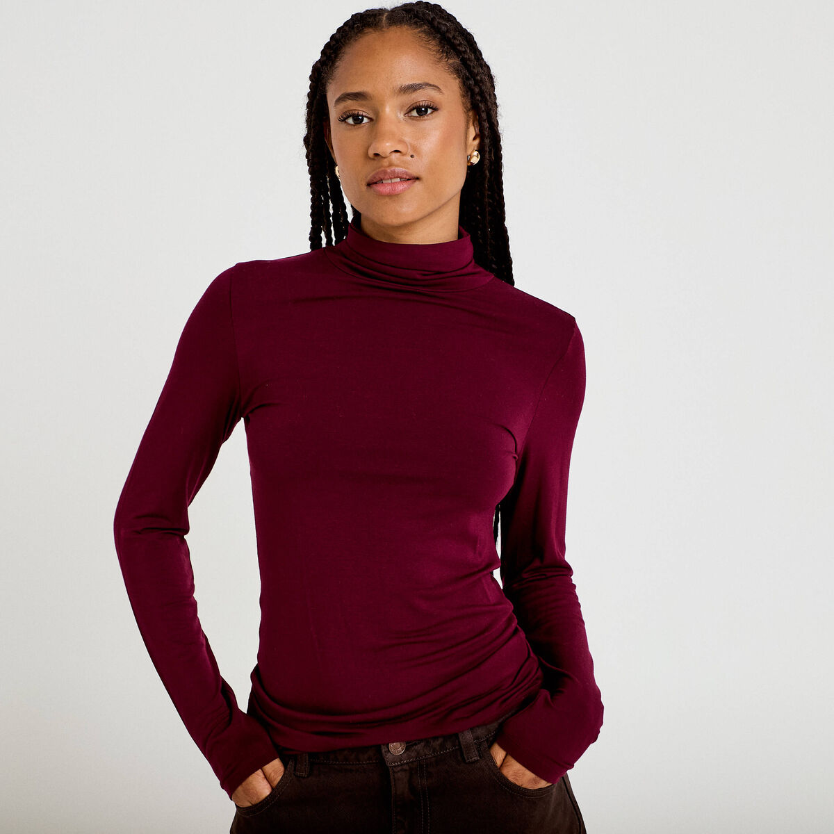 T-shirt uni à manches longues bordeaux femme