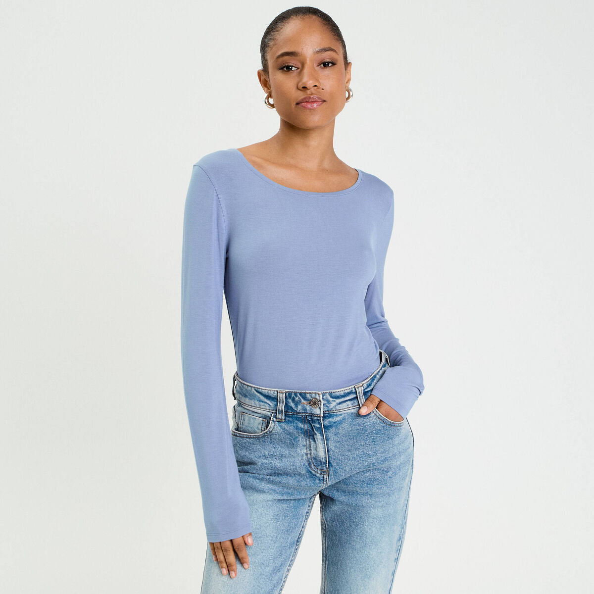 T-shirt uni à manches longues bleu gris femme