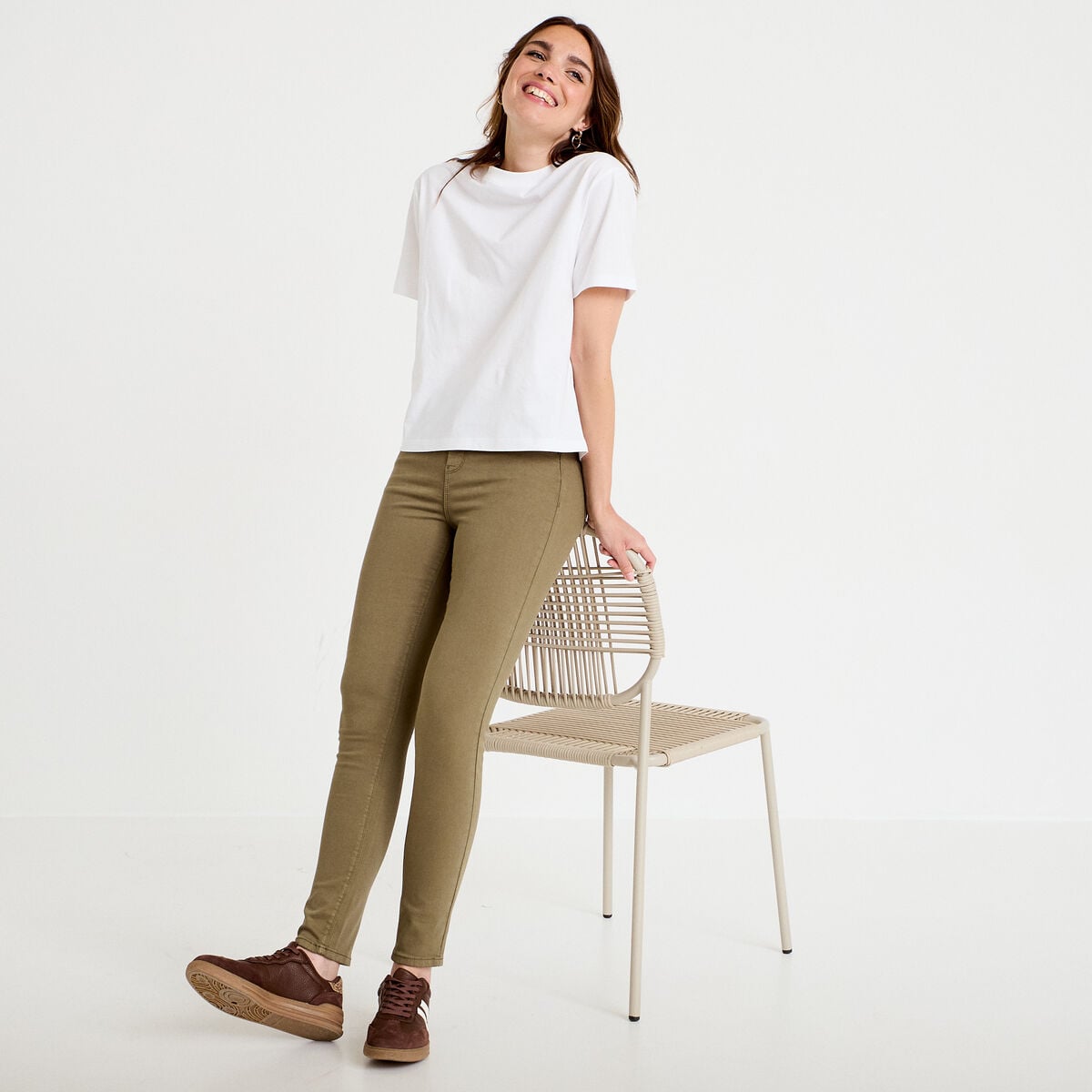 Jeans slim 5 poches vert kaki femme