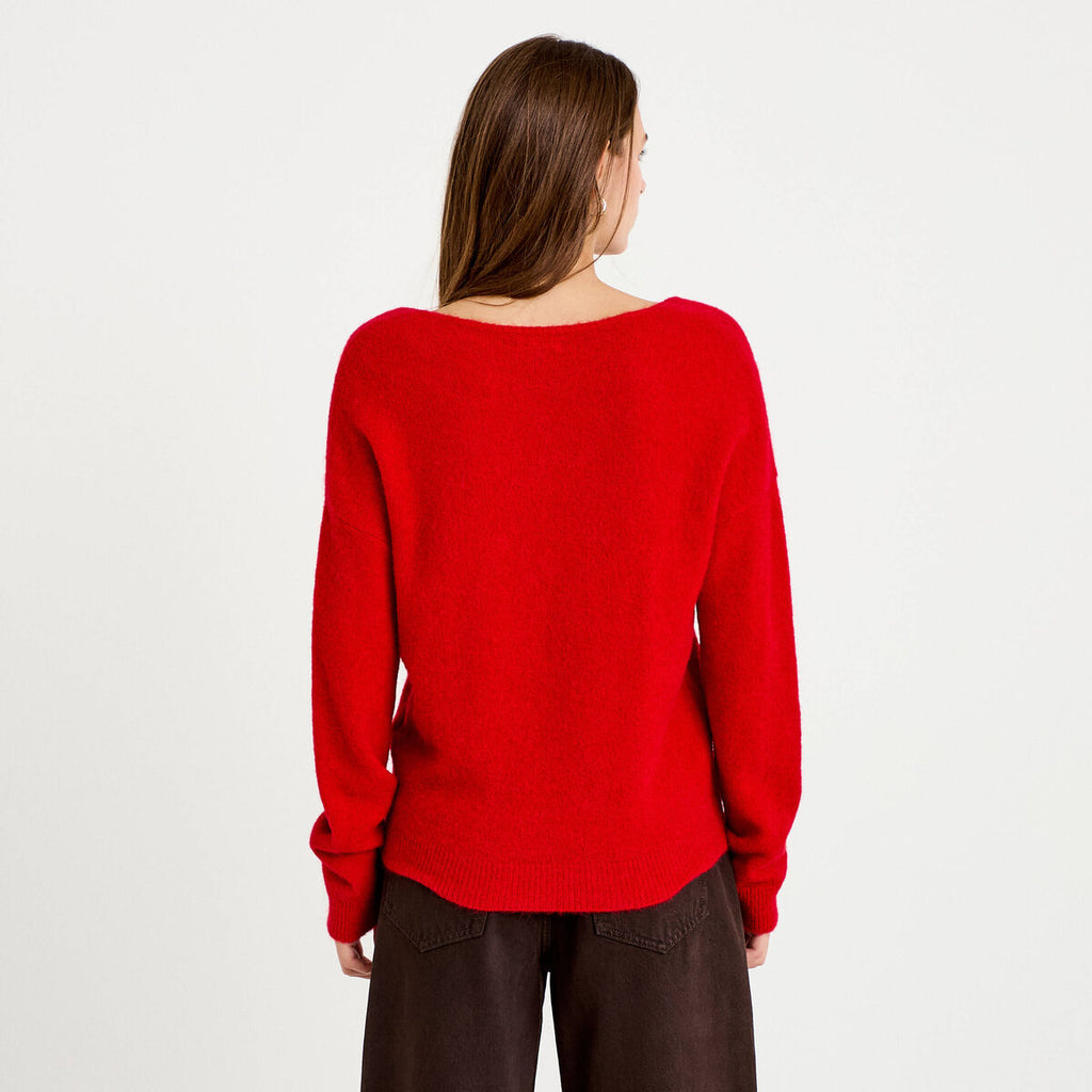 Pull avec col en V rouge femme