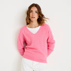 Pull avec col en V rose vif femme